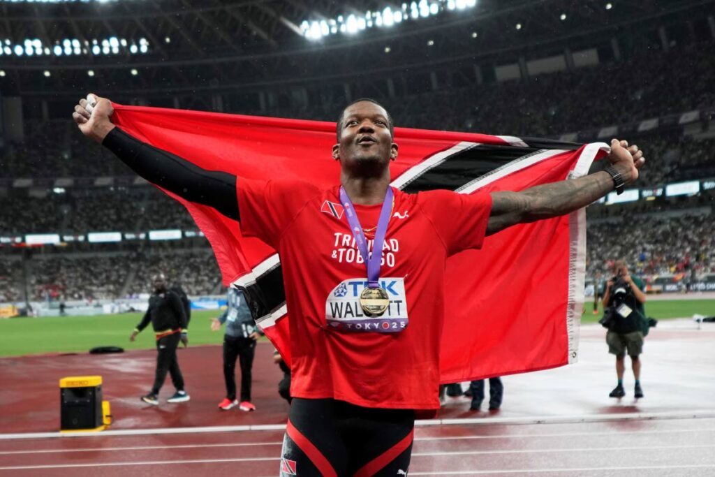 Keshorn Walcott celebrates gold at the World Championships. - AP (Image obtained at newsday.co.tt)